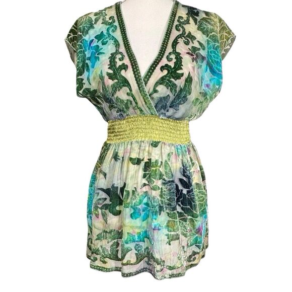 Hale Bob Babydoll Velvet Burnout Top Womens Small Green Blue Floral Boho Fairy - Picture 1 of 12